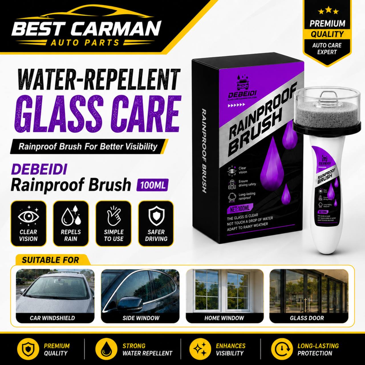 DEBEIDI Rainproof Brush 100ML Water Repellent Glass Care Car Windshield Window
